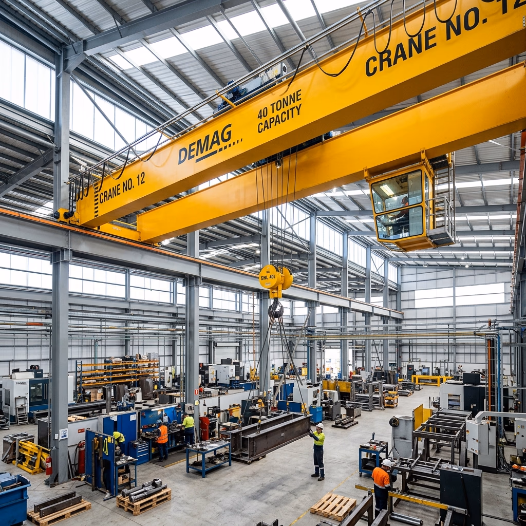 High-performance double girder crane systems for heavy machining and marine port operations.