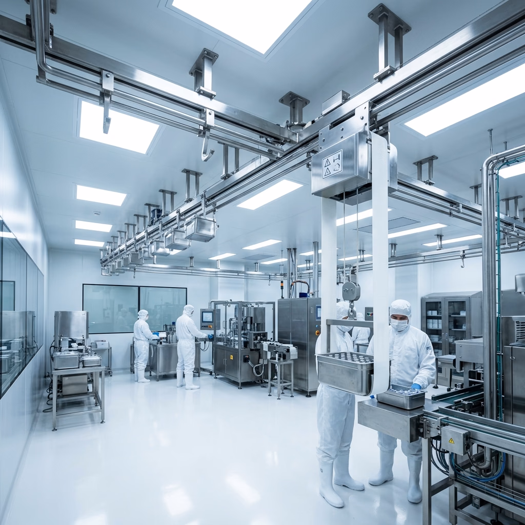 Dust-free ISO Class 5 cleanroom belt hoists and runway systems for semiconductor and pharma.